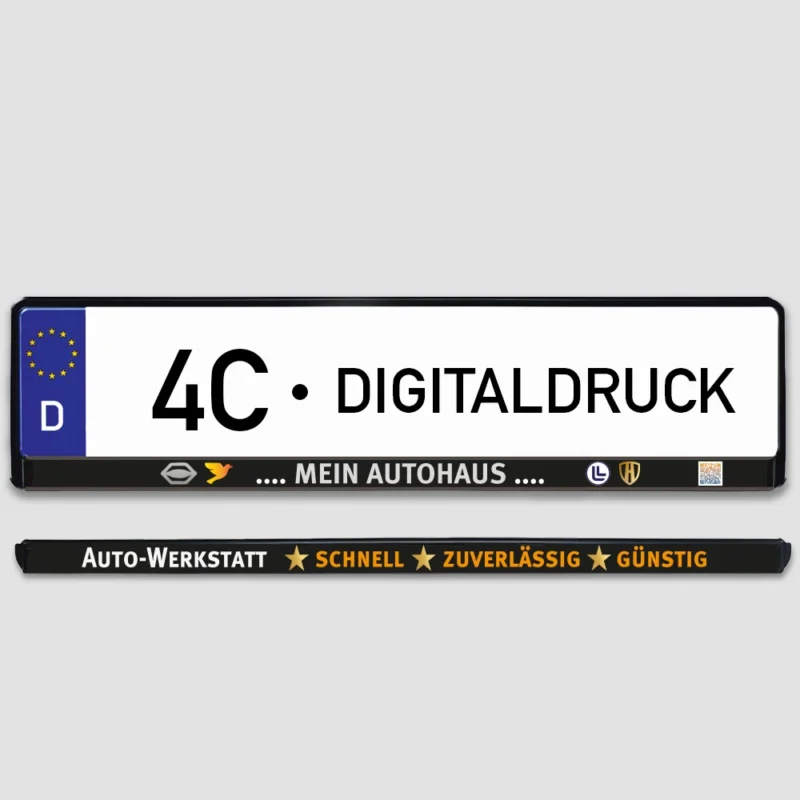 Kennzeichenhalter 4C-Digitaldruck auf schwarzer Werbeleiste - Produktbild
