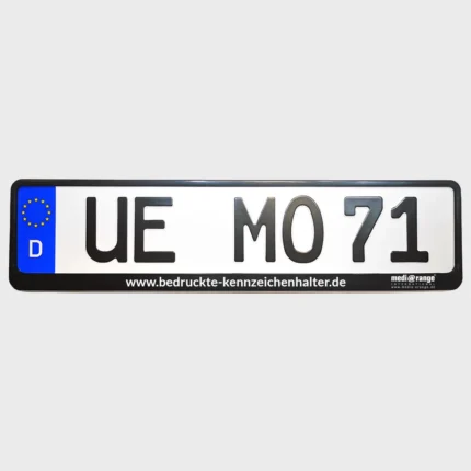 Foto eines Kennzeichenhalter mit 1-farbigem Siebdruck von "www.bedruckte-kennzeichenhalter.de"