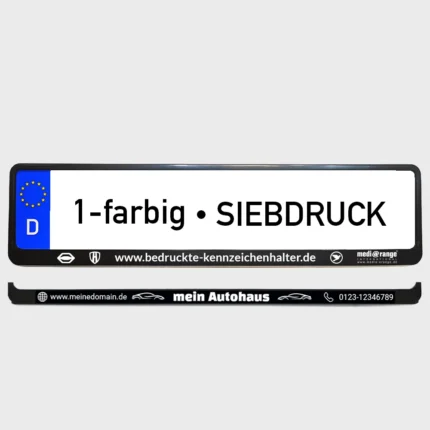 Foto eines Kennzeichenhalter mit 1-farbigem Siebdruck von "www.bedruckte-kennzeichenhalter.de"