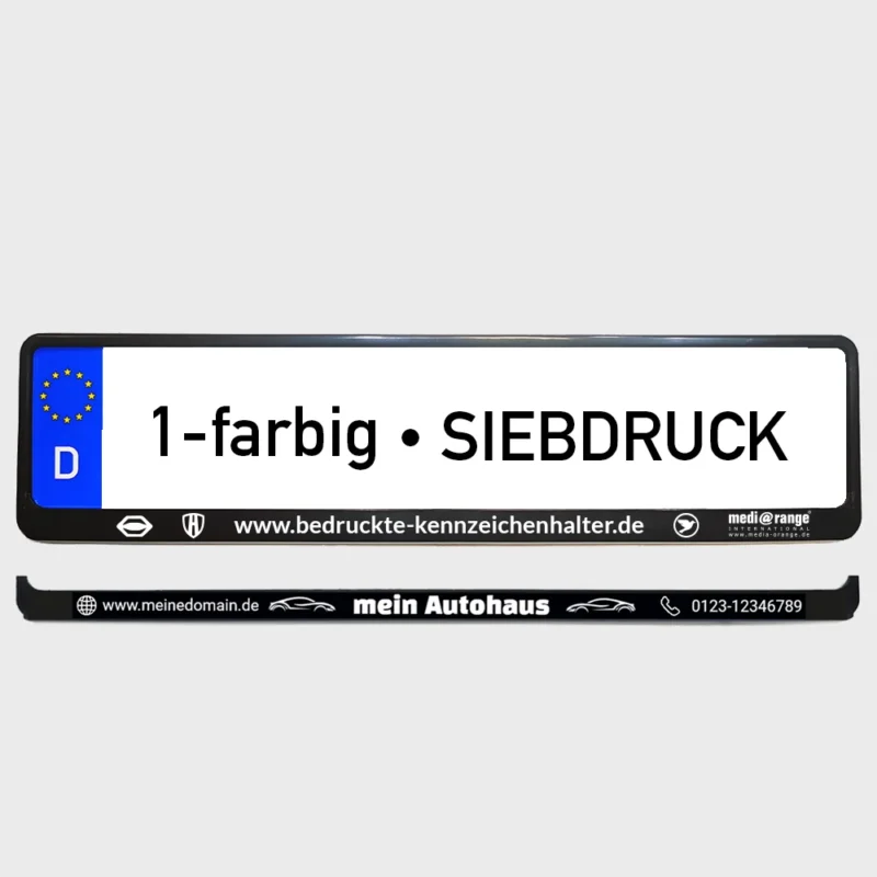 Foto eines Kennzeichenhalter mit 1-farbigem Siebdruck von "www.bedruckte-kennzeichenhalter.de"