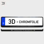 Detailaufnahme eines Kennzeichenhalters mit erhabener 3D-Beschriftung Chrom und Matt auf schwarzer Leiste.