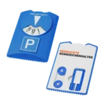 Blaue Parkscheibe mit Bedruckte Kennzeichenhalter Logo und integrierten Zusatzfunktionen