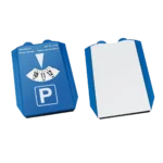 Mehrsprachige blaue Parkscheibe mit leerer Rückseite zum Bedrucken mit Logo oder Werbung