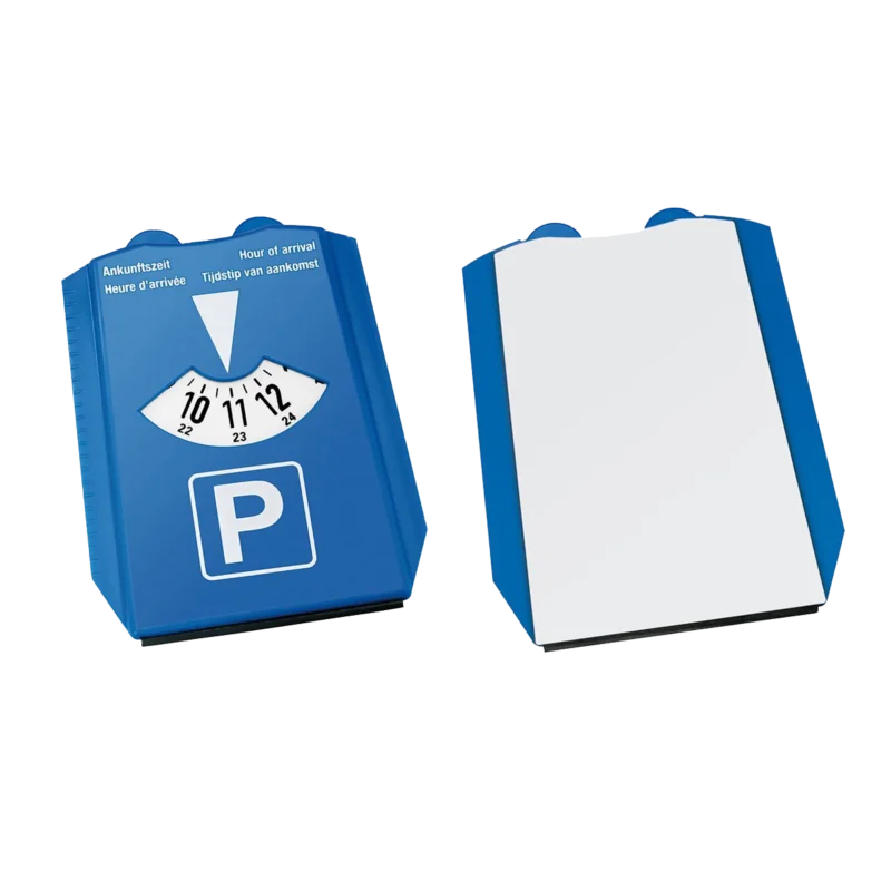 Mehrsprachige blaue Parkscheibe mit leerer Rückseite zum Bedrucken mit Logo oder Werbung