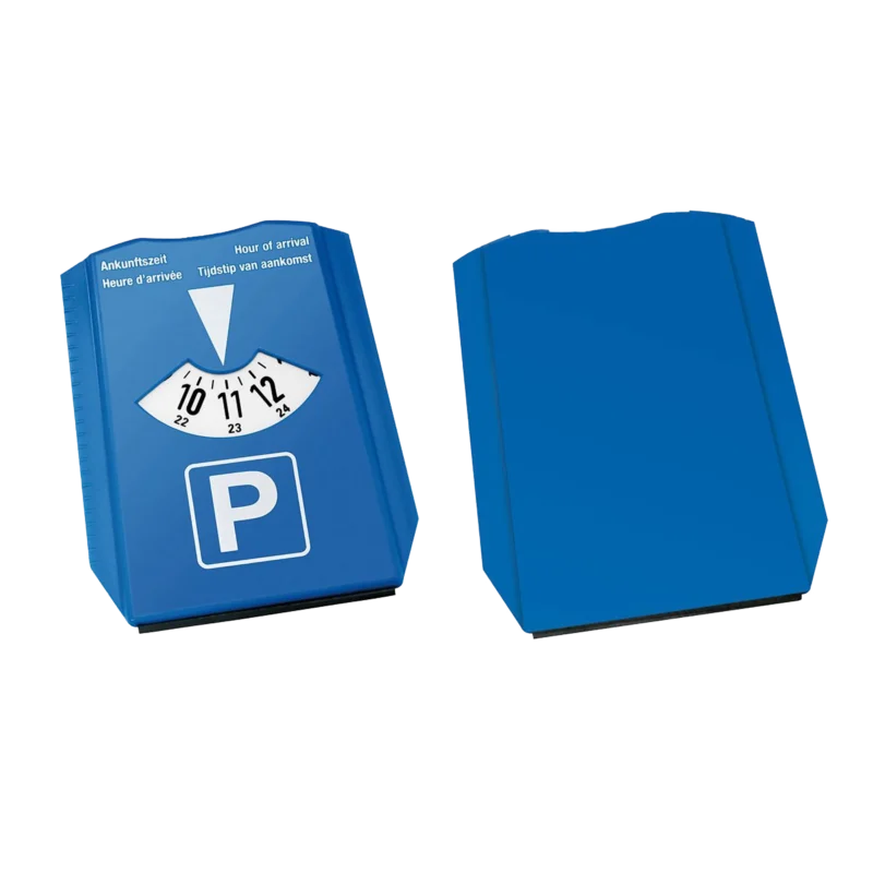 Mehrsprachige blaue Parkscheibe mit freier Rückseite zum Bedrucken mit Logo oder Werbung