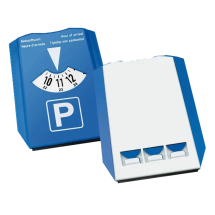 Blaue Parkscheibe mit blanko Rückseite und integriertem Halter für Einkaufswagenchips zur individuellen Bedruckung
