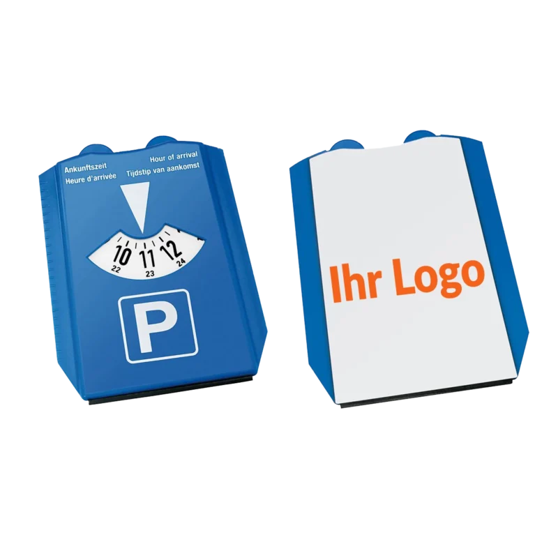 Mehrsprachige Parkscheibe mit Logo bedrucken lassen und großer Werbefläche auf der Rückseite