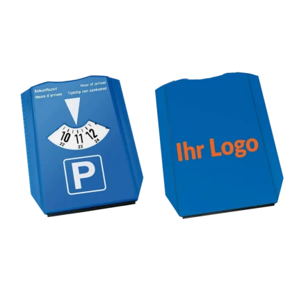 Blaue mehrsprachige Parkscheibe mit Logo bedrucken lassen und großer Werbefläche auf der Rückseite