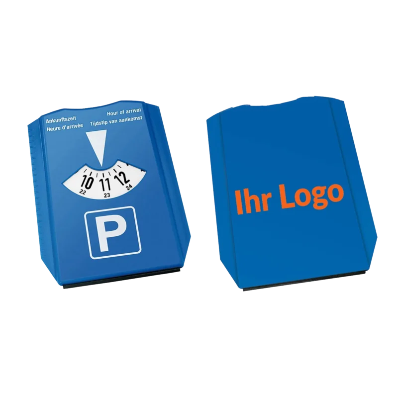Blaue mehrsprachige Parkscheibe mit Logo bedrucken lassen und großer Werbefläche auf der Rückseite