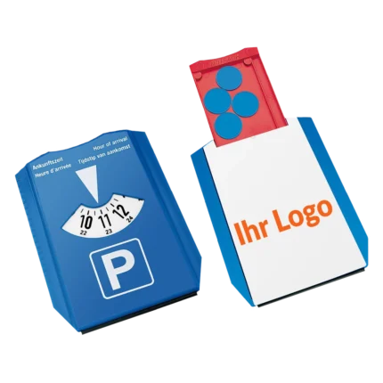 Mehrsprachige Parkscheibe mit Einkaufswagenchip und individueller Logo-Bedruckung auf der Rückseite