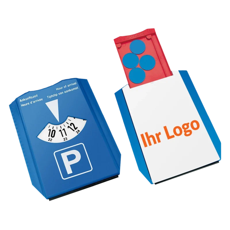 Mehrsprachige Parkscheibe mit Einkaufswagenchip und individueller Logo-Bedruckung auf der Rückseite