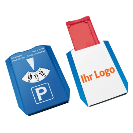 Mehrsprachige Parkscheibe mit Notfach und individueller Logo-Bedruckung auf der Rückseite