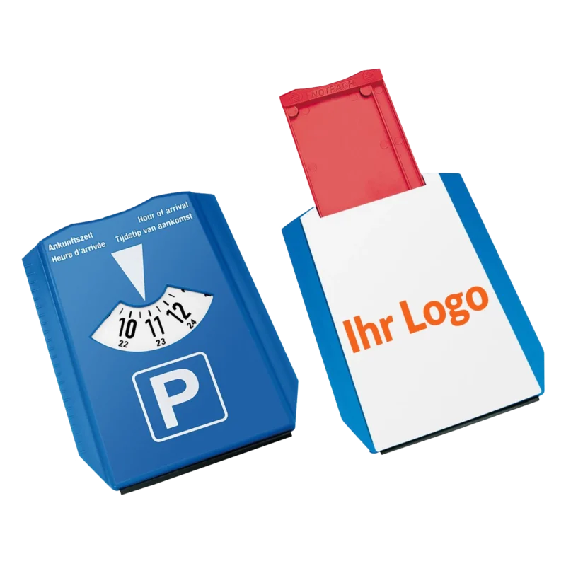 Mehrsprachige Parkscheibe mit Notfach und individueller Logo-Bedruckung auf der Rückseite