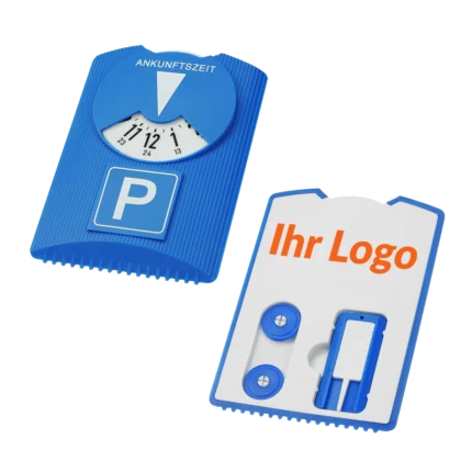 Blaue Parkscheibe mit Beispielaufdruck Ihr Logo und praktischen Zusatzfunktionen auf der Rückseite