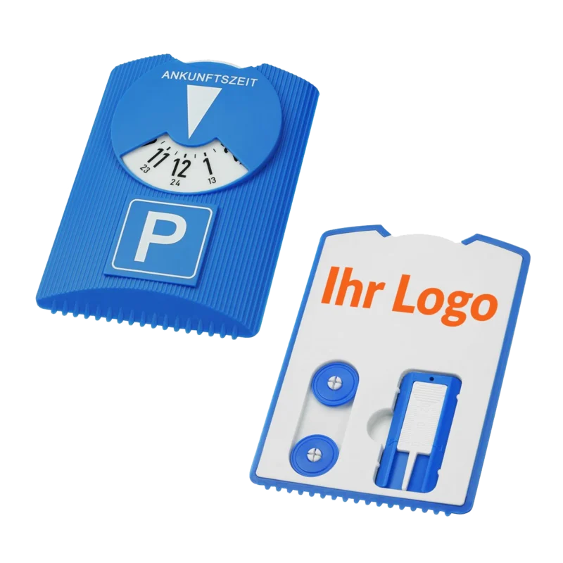 Blaue Parkscheibe mit Beispielaufdruck Ihr Logo und praktischen Zusatzfunktionen auf der Rückseite