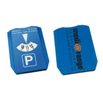 Mehrsprachige blaue Parkscheibe individuell bedruckt mit Media Orange Logo auf der Rückseite