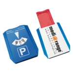 Mehrsprachige blaue Parkscheibe mit Notfach und Media Orange Werbedruck auf der Rückseite