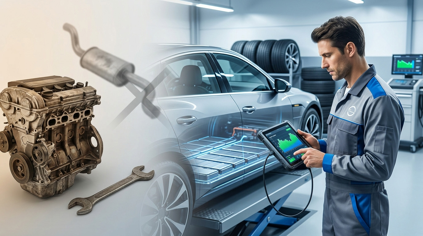 Moderne Autohaus-Werkstatt im Wandel: Links mechanische Verbrenner-Bauteile, rechts ein KFZ-Techniker mit Diagnose-Tablet an einem Elektroauto auf der Hebebühne.