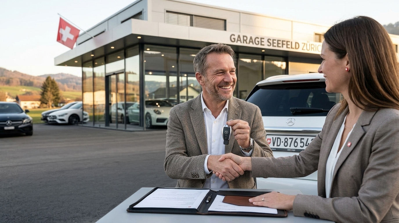 Ein lächelnder Kunde im Anzug schüttelt einer Autoverkäuferin vor einem Schweizer Autohaus die Hand und hält einen Autoschlüssel. Im Hintergrund steht ein weißer Mercedes-Benz mit dem Kennzeichen VD 876 543.