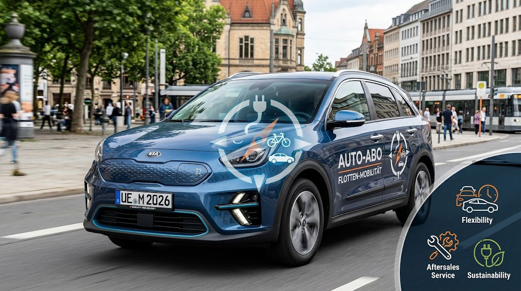 Ein blaues Elektrofahrzeug fährt durch eine deutsche Stadt und steht stellvertretend für moderne Mobilitätskonzepte und Auto-Abos in der Region Uelzen.